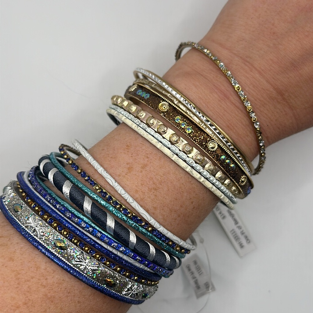 NEW About Color Two Sets of Bangle Bracelets - Blue Gold White Silver Theme NWT